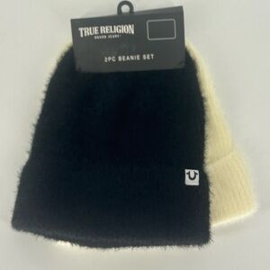 "NWT" True Religion Fuzzy 2 Pack Beanie Knit Hats- Black/Cream- One Size Adult